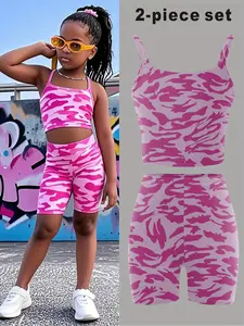 Girls' Trendy, Toddler Clothing, Camo Print 2-Piece Set, Tank Top Shorts Set, Comfortable Sporty Summer Wear