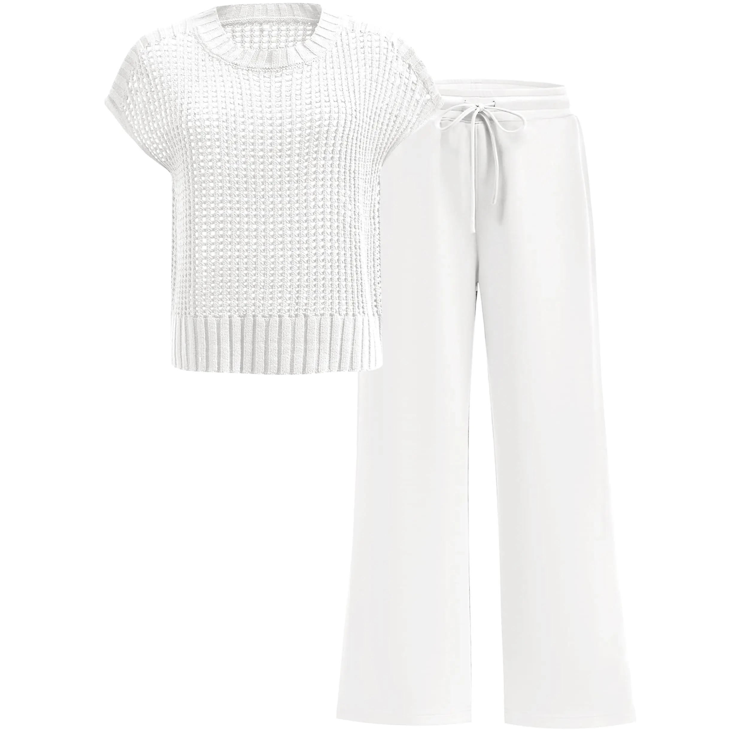 ANRABESS Women Two Piece Outfits Crochet Sheer Knit Sweater Top Wide Leg Pants Lounge Matching Sets Sweatsuit Travel Clothes Minimalist Matching sets