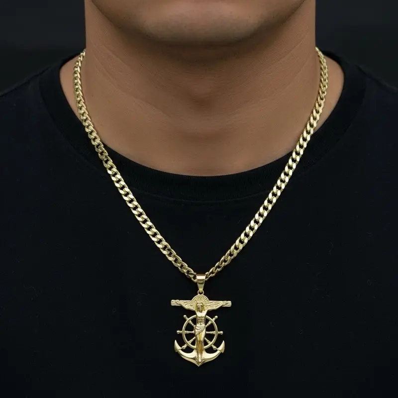 #316 14K Laminated High-Quality Jesus Christ Anchor Cross Pendant (1.5in), 5mm-Wide Cuban Chain (22in, 24in) – Perfect Gift for Adults, Gift-Ready Multi-Size Jewelry Necklace