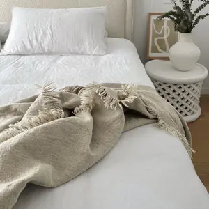 Flax Linen Lightweight Cooling Blanket, 100% Flax Linen Material, Soft Breathable, Multiple Sizes Available, Fashion Fringe Sofa Cover, Indoor Outdoor Use