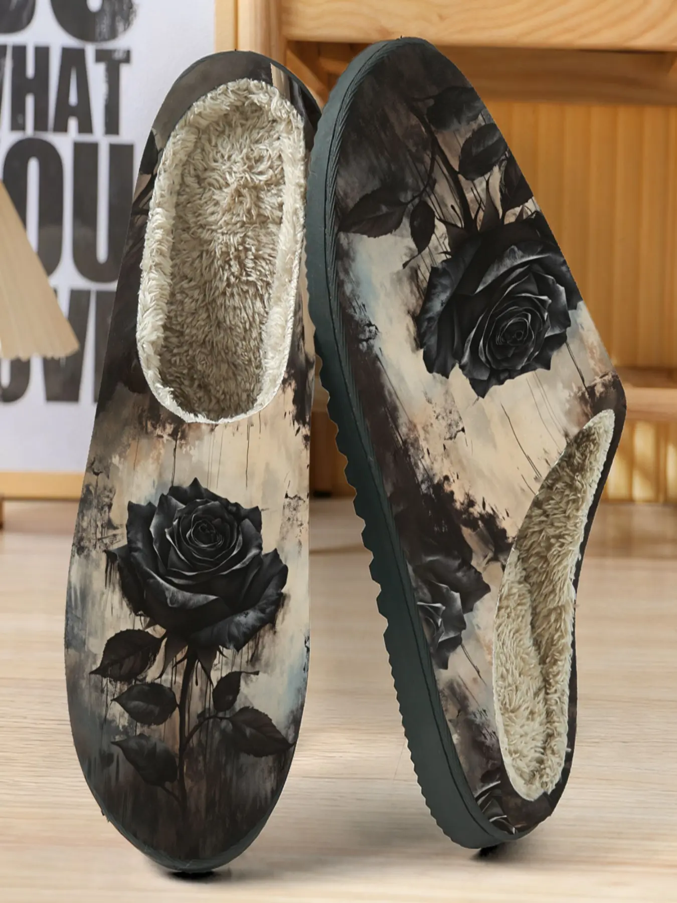 Dark Rose Cotton Slippers, Vintage Wood Grain Base with Rose Pattern, Textile Upper, Eva Sole, Casual Home Wear for Fall & Winter