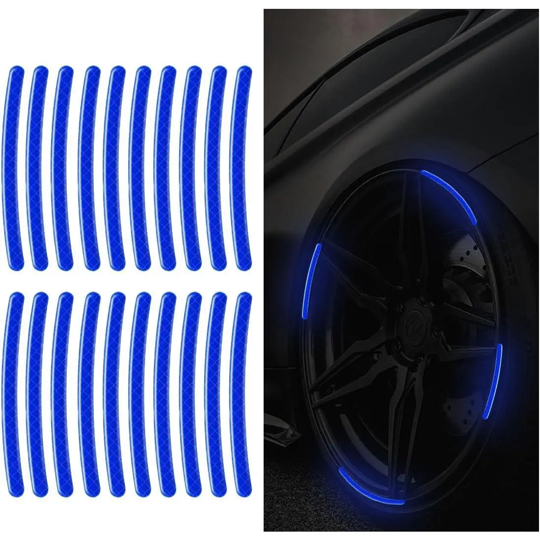 20-Piece Strong Car Wheel Stripe Decals, Universal Fit Honeycomb Mesh Reflective Rim Stickers, Night Safety Warning, Scratch Resistant, Easy Peel-and-Stick for Cars (Blue)