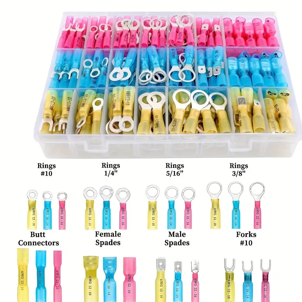 120-Piece Heat Shrink Wire Connectors, Waterproof Automotive Marine Electrical Terminals Kit, Crimp Connector Assortment, Ring Fork Spade Butt Splices, Wiring Accessories