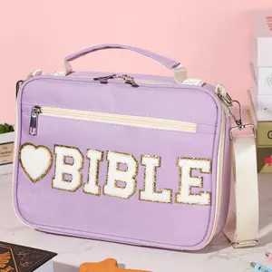 Purple Bible Case for Christian Girls Canvas Bible Bag with Shoulder Strap Portable Tote Bag Church Bag Gift for Teenagers Girl Student, Bible Study Supplies, Bible Journaling Kit Easter Gift for Christian Daughter