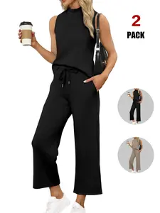 2026  2 Piece Sets for Women Casual Summer Travel Vacation Outfits Short Sleeve Wide Leg Crop Pants Lounge Sets