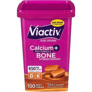 Viactiv Calcium + Vitamin D3 Supplement Soft Chews, Caramel,Calcium for Bone Health, 100 Count