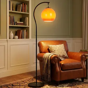 59.1 Inch Modern Arched Standing Lamp, Floor Lamp For Living Room Bedroom, Black Iron Frame With Amber Glass Globe Shade, E26 Warm Light Reading Decor Lamp