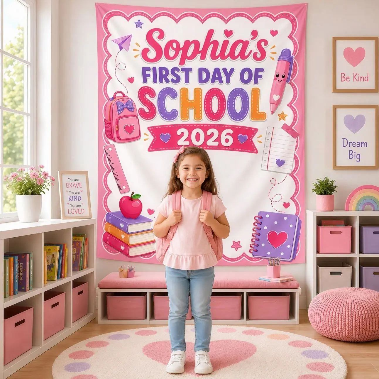 Personalized First Day of School Banner, Pink Back to School Tapestry for Preschool Kindergarten