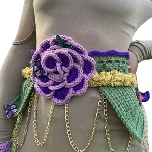 Purple and Green Crochet Flower Fairycore Studded Belt and Fishnet Glove Set with  Costume Matching Butterfly Patches