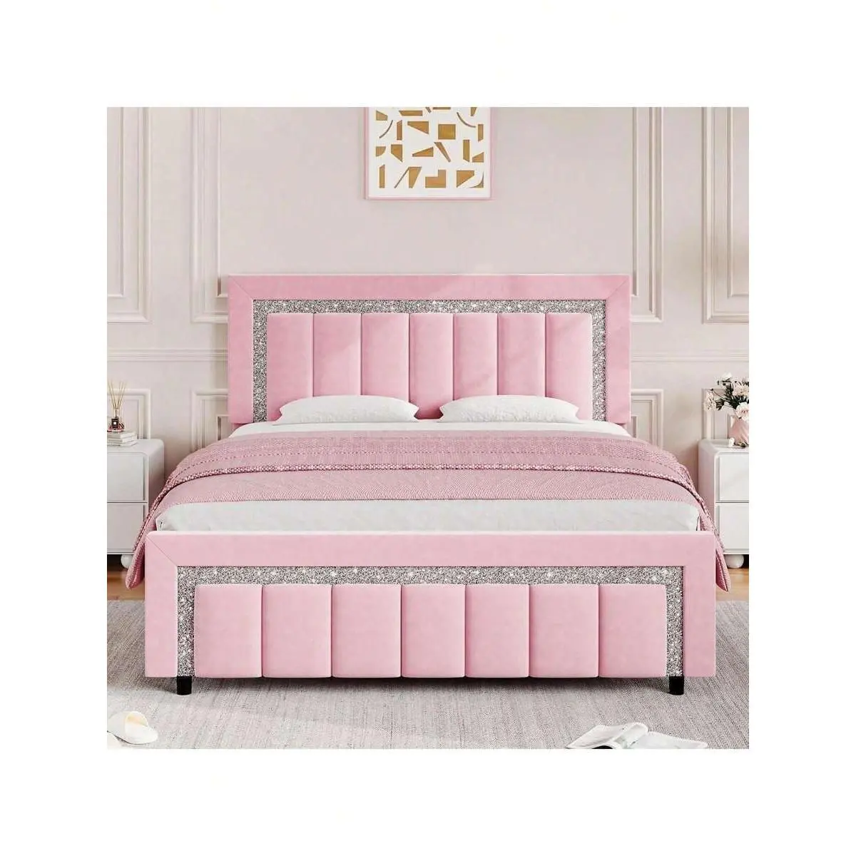 Twin/ Full/   Frame  Headboard, Velvet Upholstered   Frame  Vertical Channel Tufted Headboard And Footboard, Soft  Frame  Diamond Headboard, No Box Spring Needed, Easy Assembly, Pink/ White/ Black, Twin/ Full/  bed Queen Size Floor with Guardrail
