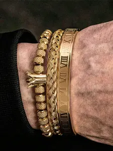 3 Piece Set Men's Stainless Steel Bracelets, Roman Numerals & Crown Design, Stylish Bracelet Set, Casual All-Season Jewelry, fashionable bangles, Stackable Bracelets, Perfect Gift for Friends