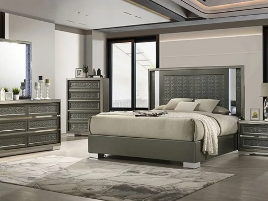 FM7252DG-4PC Modern Queen Bedroom Set, 4-Pc Wood Set with Dark Grey Leyland Finish, LED & Mirrored Headboard, Modern Bedroom Set