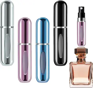 4 Pcs Mini Refillable Perfume Portable Atomizer Bottle, 5ml Bottom-Fill Perfume Spray Scent Dispenser, Leak-Proof Travel Pump for Cologne, Aftershave & Purse (Silver/Pink/Blue/Black/)