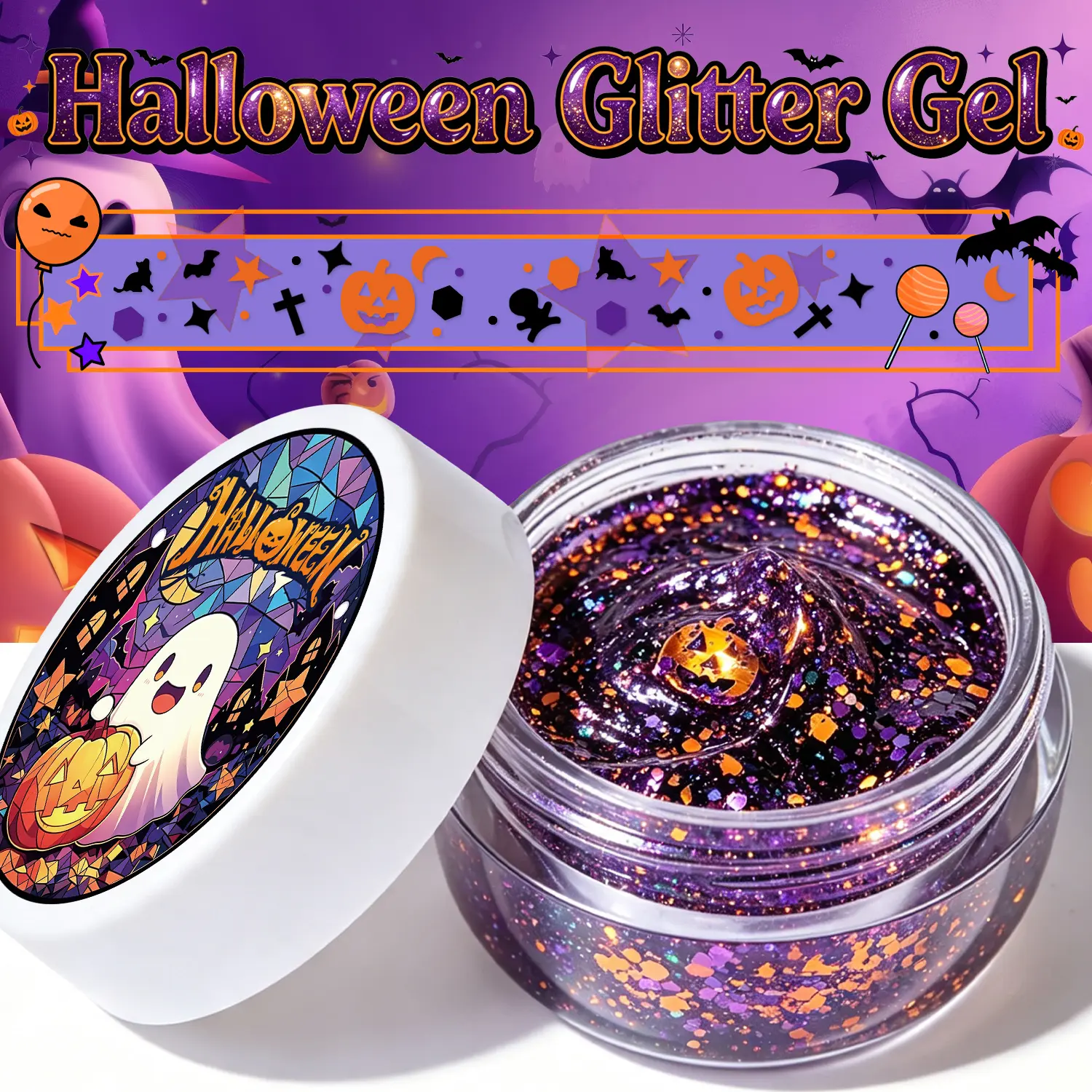 80g Halloween Face & Body Glitter Gel - Orange Purple Black Skull Pumpkin Chunky Glitter Makeup, No Glue Needed Waterproof Hair & Skin Glitter Paste for Kids Women Party Rave Festival