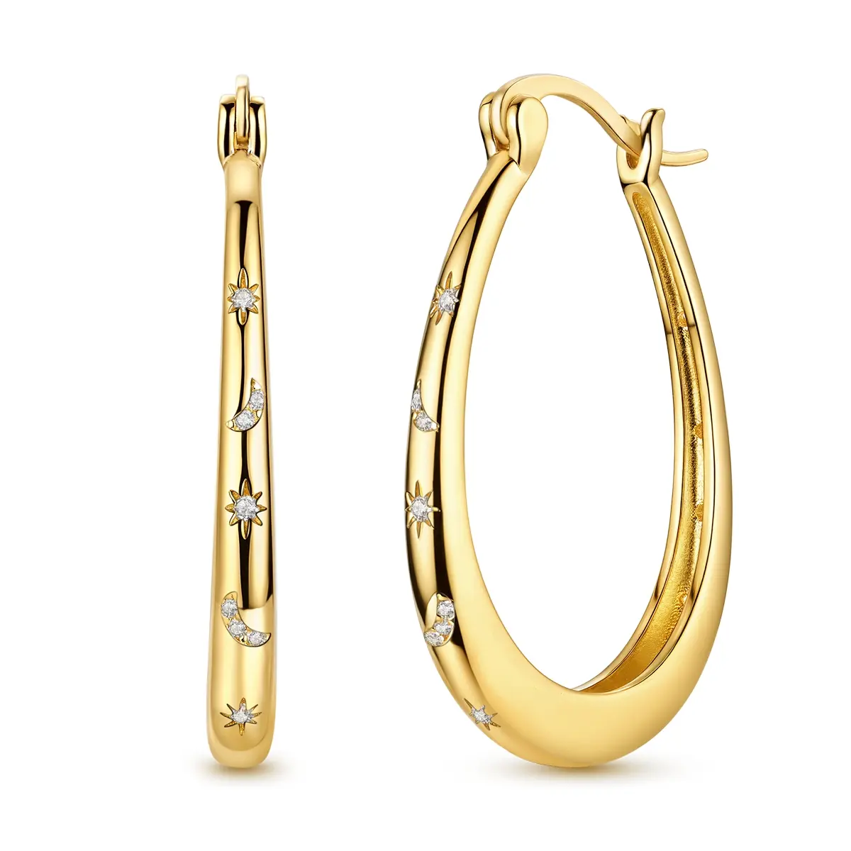 MULA 18K gold plated Silver-plated teardrop earrings with moon and star pattern, inlaid with sparkling cubic zirconia, an elegant gift for your girlfriend, wife, mother on birthday, anniversary, Hoop Earrings