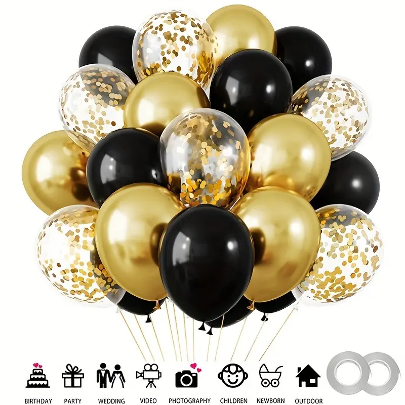 32pcs/set Black Golden Confetti Balloons for Wedding Birthday Party Decorations, Graduation Party Balloons, Wedding Anniversary Shower Photo Atmosphere Background Decorations Balloon, Photo Decoration Still Decor