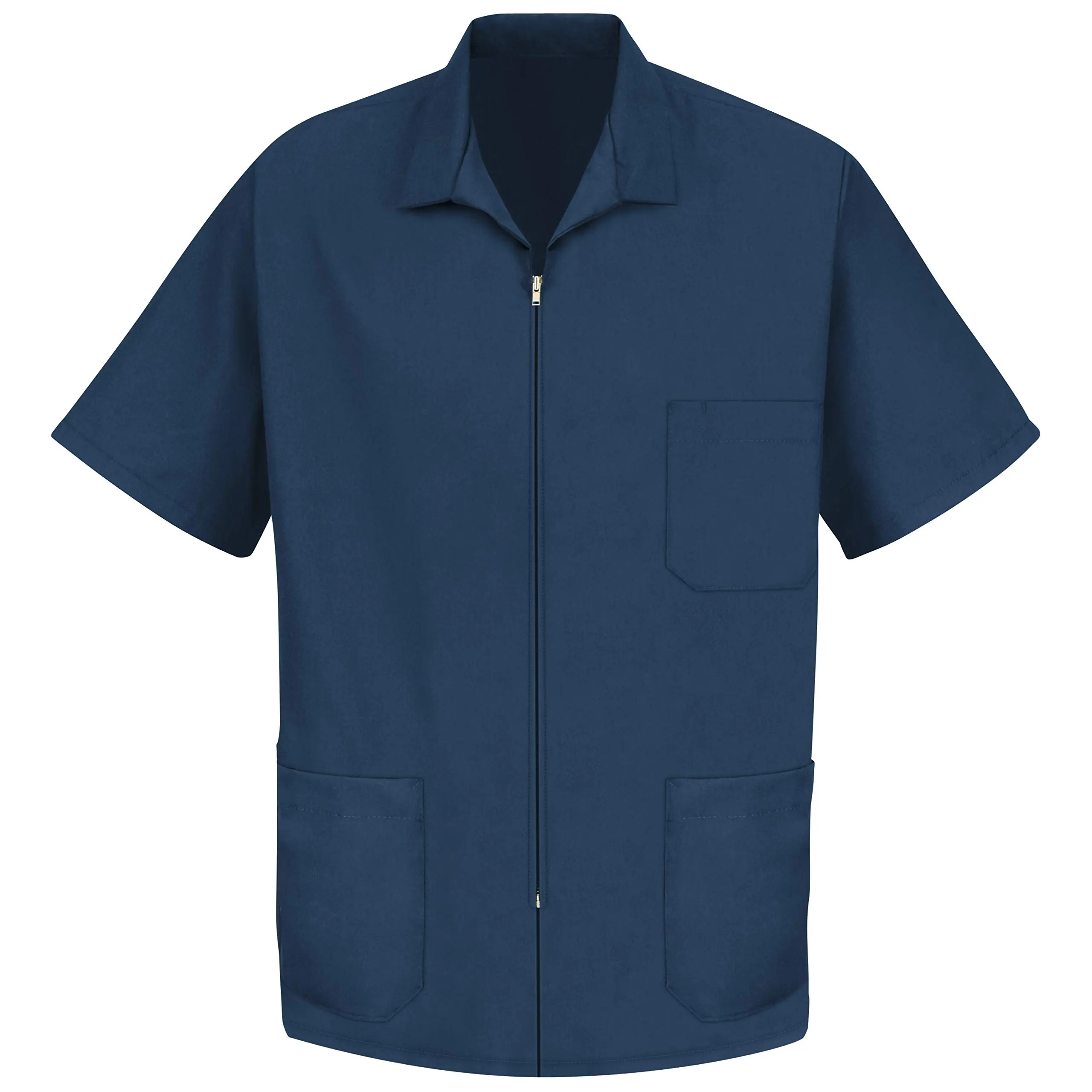 Men's Casual Smock Shirt - Short Sleeve Zipper-Front Work Top with Notched Collar, 3 Pockets, Wrinkle-Free Low-Iron Fabric
