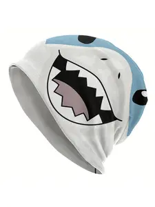 Jeff The Landshark Smile Skull Cap - Unisex Hip Hop Beanie Hat, White with Blue & Black Shark Graphic, Stretchy Polyester Blend, Perfect for Casual or Themed Outfits, Casual Headwear | Playful Design | Comfortable Fit