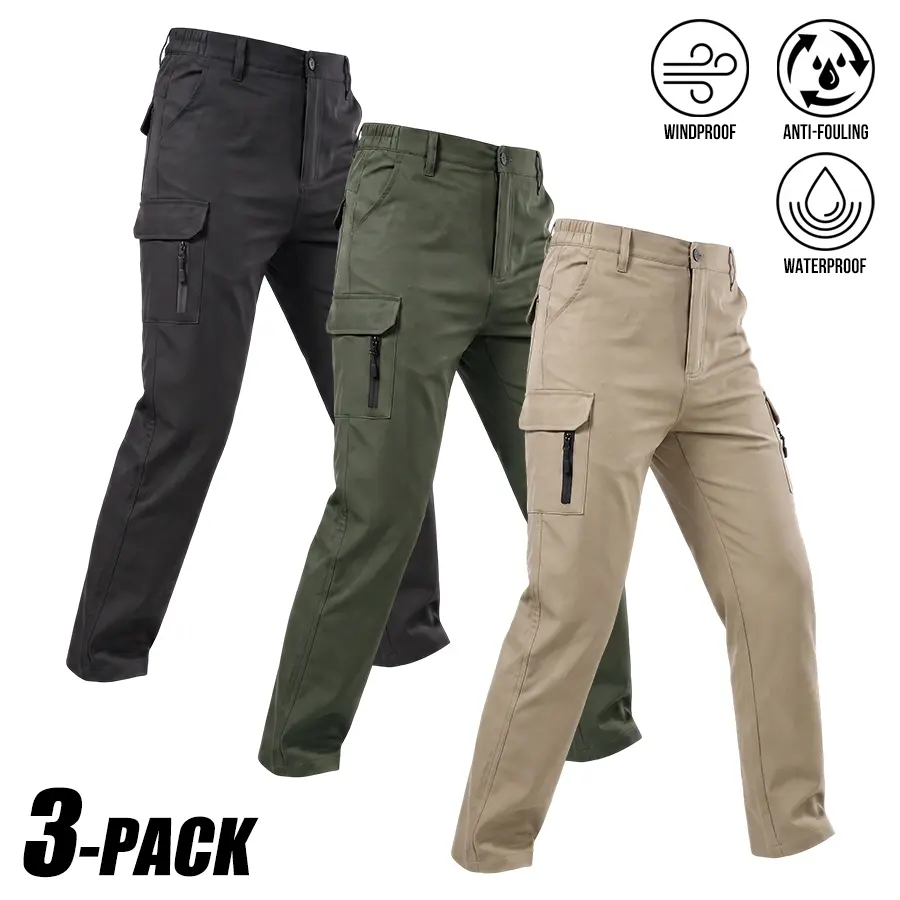 3-PACK Versatile Solid Tactical Cargo Hiking Pants, stretch windproof water repellent anti-stain three-proof fabric, straight leg zip cargo pockets all-season outdoor work climbing pants