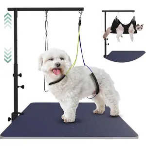 Dog Grooming Arm with Hammock, Adjustable Pet Grooming Stand with Clamp, Nooses & No-Sit Haunch Holder, Stainless Steel Grooming Restraint for Small Medium Dogs/Cats at Home