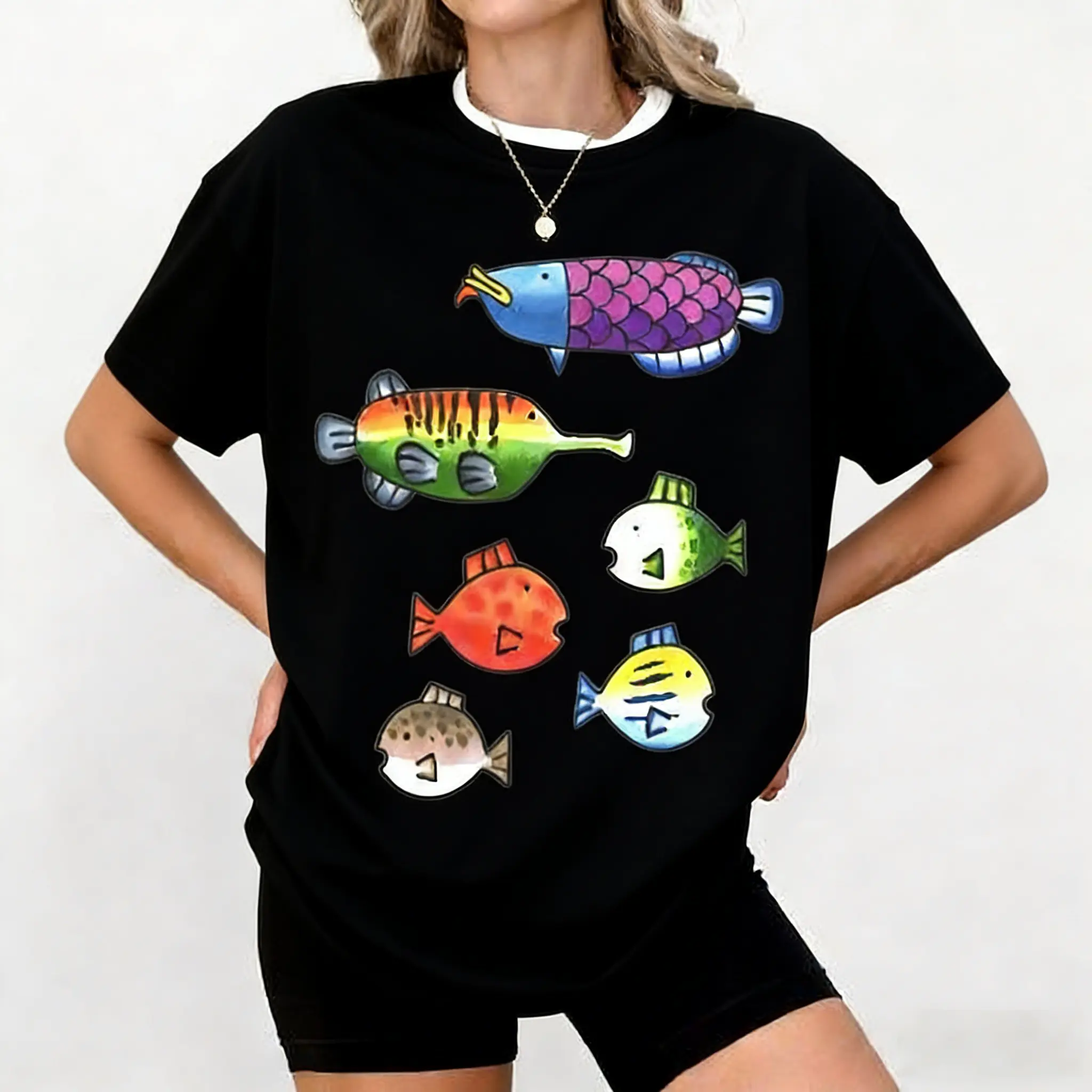 Women's Cotton Round Neck Shortsleeve H-Type T-Shirt - Colorful Digital Print Wii Fish Graphic Top, Soft Breathable Fabric, Fitted Casual Tee for Coffee Runs, Dry Clean Friendly, Foldable Design