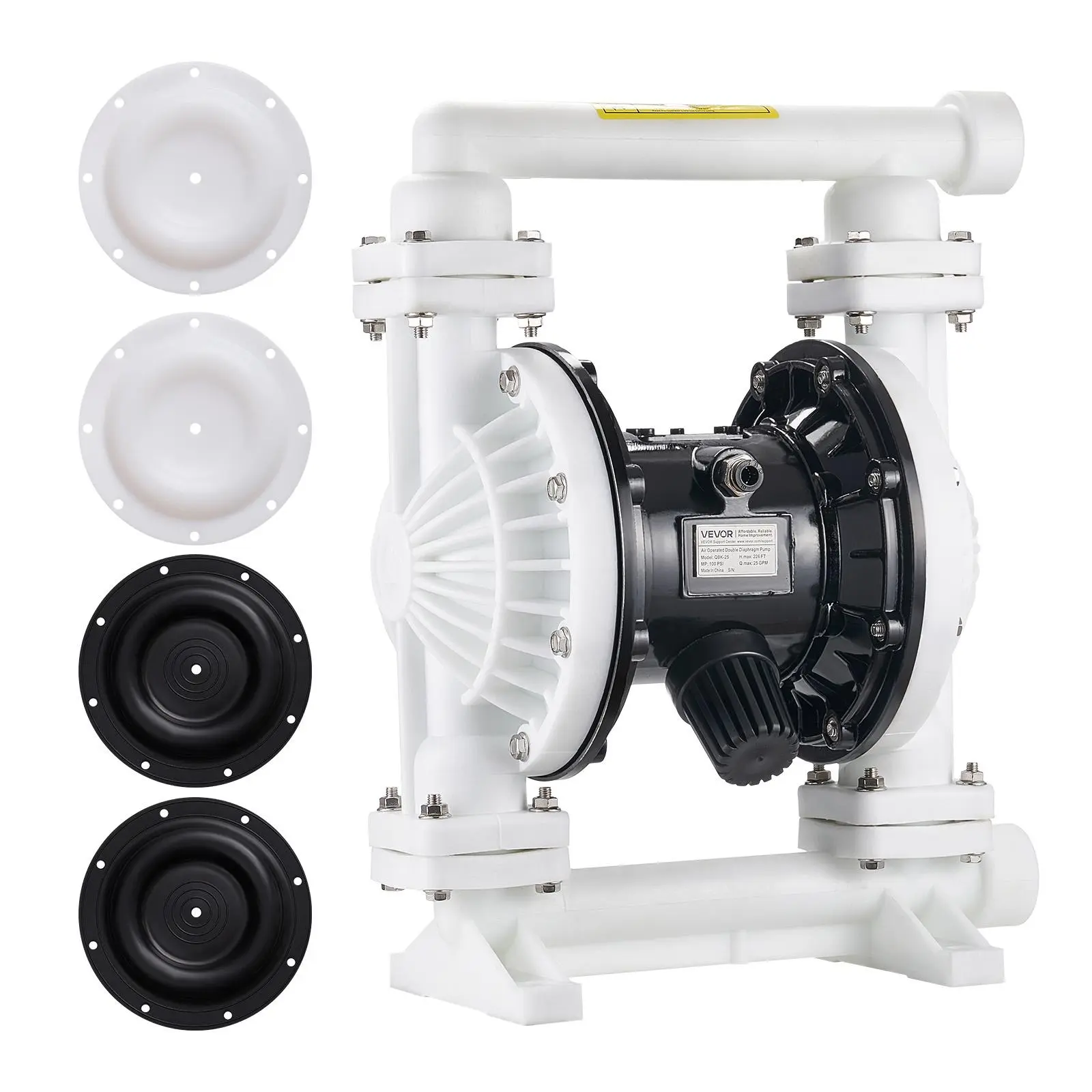 【summerfinds】VEVOR Air Operated Double Diaphragm Pump, 25 GPM, 1 inch Inlet & Outlet Pneumatic Waste Oil Transfer Pump, Max 100 PSI, Polypropylene Body, Air-Operated for Diesel, Grease, Kerosene, Gasoline & Oil