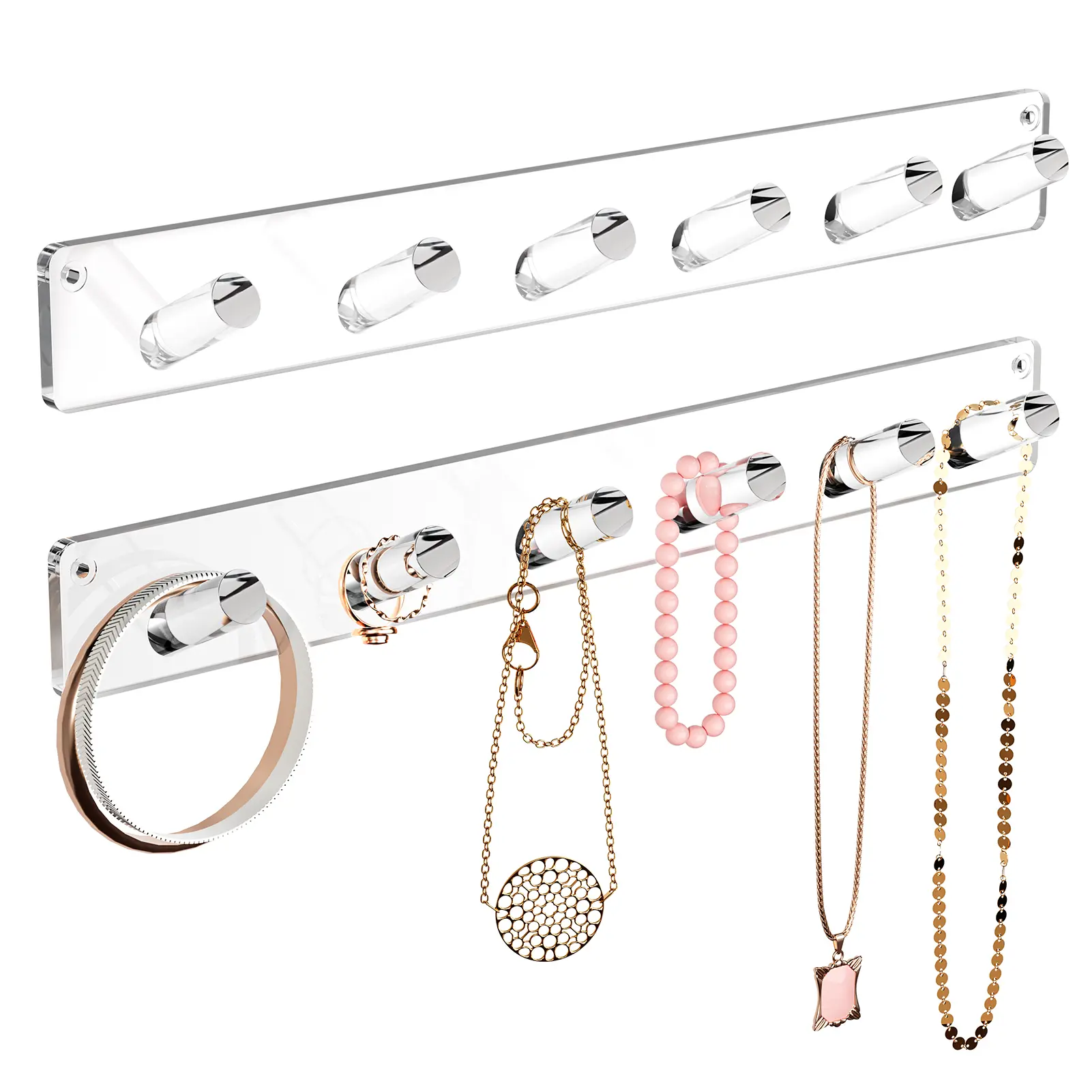 MaxGear Wall-Mounted Acrylic 2-Piece Necklace Holder Set - Home Organizer with 12 Hooks, 11.4"w x 1"d Scratch-Resistant Adhesive Tape Easy Installation for Renters, Tangle-Free Jewelry Display for Vanity/Bedroom