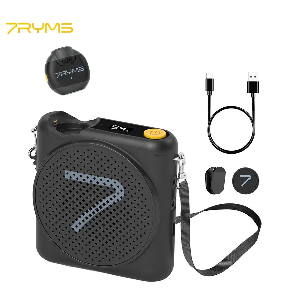 7RYMS WA2 Mini Portable Chargeable Audio Voice Amplifier with 2.4G Wireless Lavalier Microphone, Bluetooth, AUX Support, External Mic Port, Noise Reduction, Magnetic Charging, Strap, Rechargeable Batteries (Yes) for Teaching, Computers