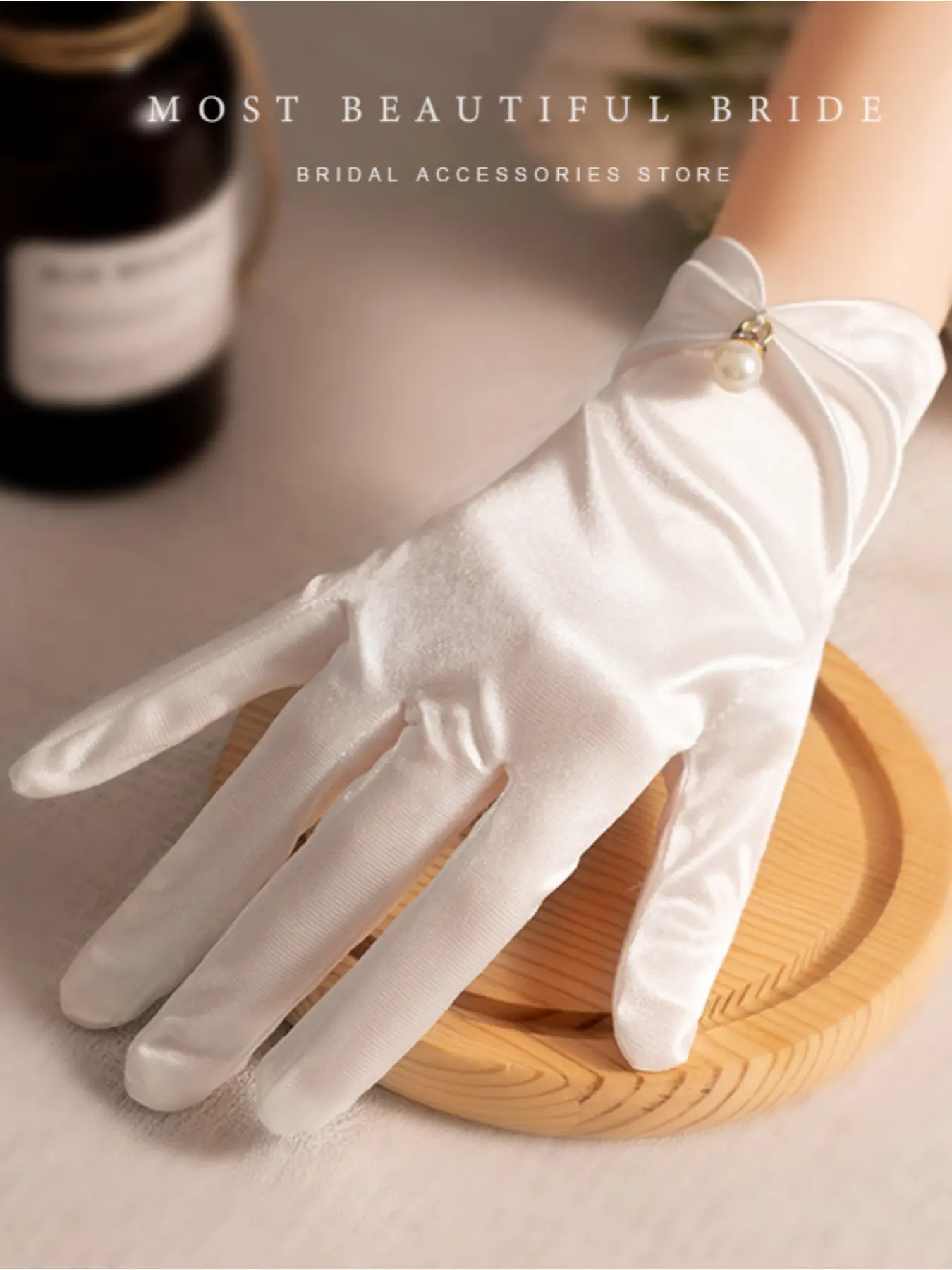 New French Hepburn style short pearl satin bridal gloves wedding gloves personalized white gloves princess style photo props