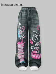 Girls Y2K Graffiti Print Denim Jeans, High Waist Wide Leg Streetwear, Cartoon Bear Letter Print, Casual Hip Hop Style, All Seasons