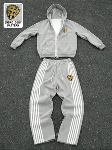 American-Style Zippered Hoodie Pockets Sweatpants Y2k Two-Piece Set Hip-Hop Embroidered Men's Casual Pants, Men's Fall & Winter Outfits, For Gifting Husbands/Boyfriends, Suitable For Streetwear, Commuting, Outdoor Activities, Embroidery