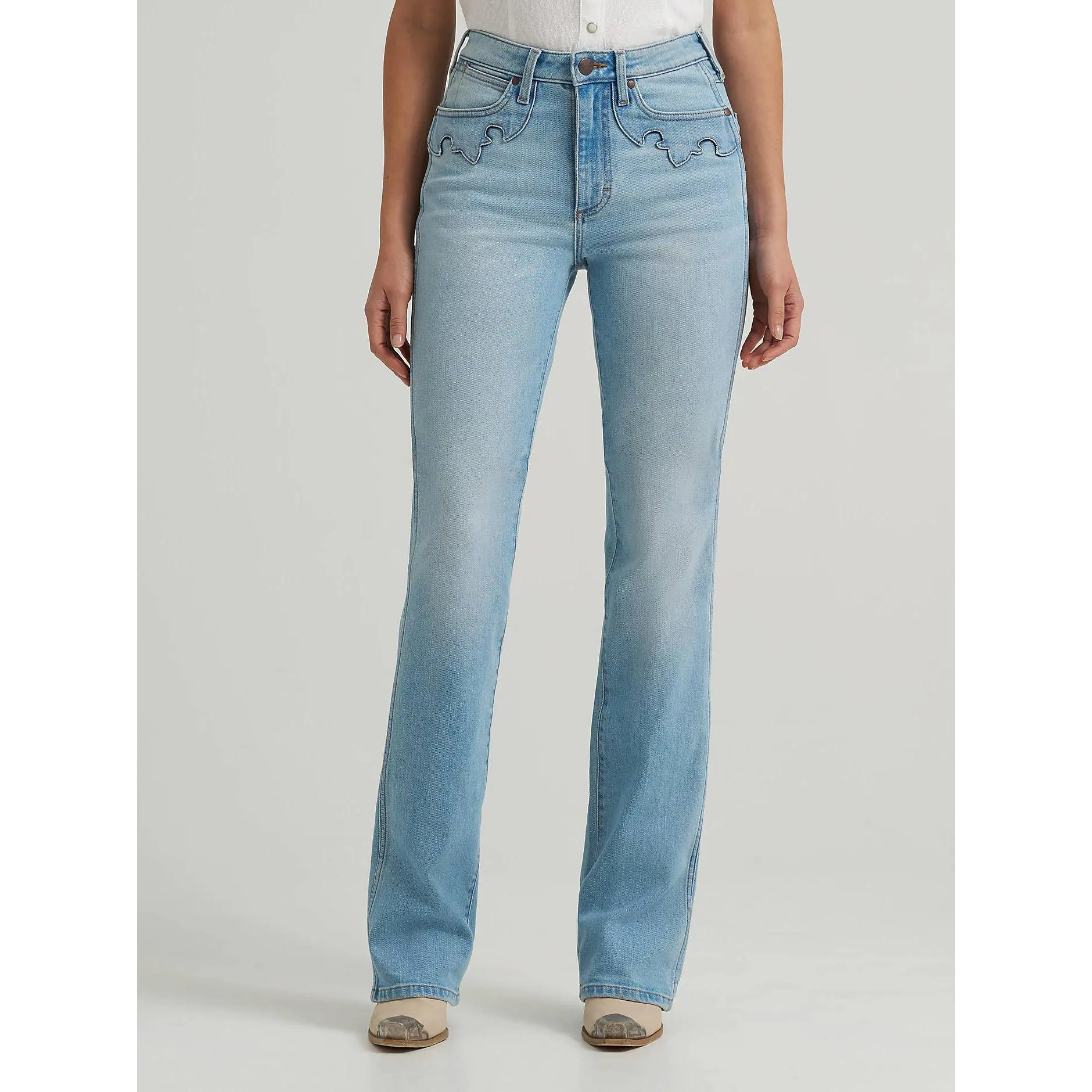 Wrangler Women's High-Rise Stretch Cotton-Elastane Denim Bottom Pants - Autumn, Bleach Wash, Bootcut Flare Leg, Regular Fit