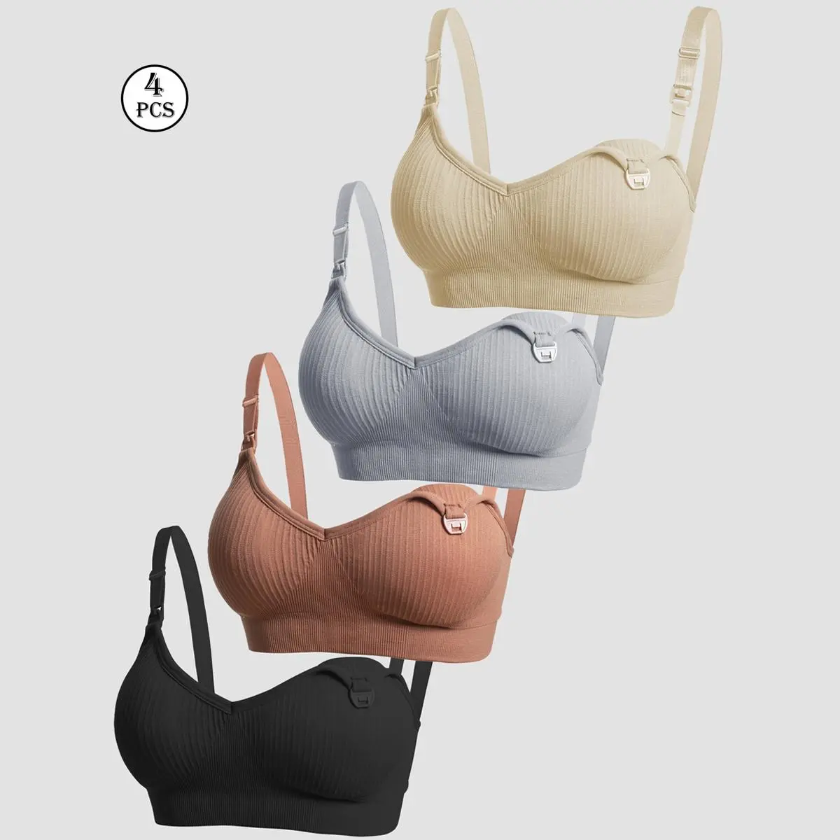 Women's 4-Pack Solid Front-Closure Supportive Multi-Pack Everyday Maternity Bras - Detachable Adjustable Straps, Soft Breathable, Customizable Fit for Pregnancy, Maternity Underwear & Lingerie, Multi-Pack Everyday Bras