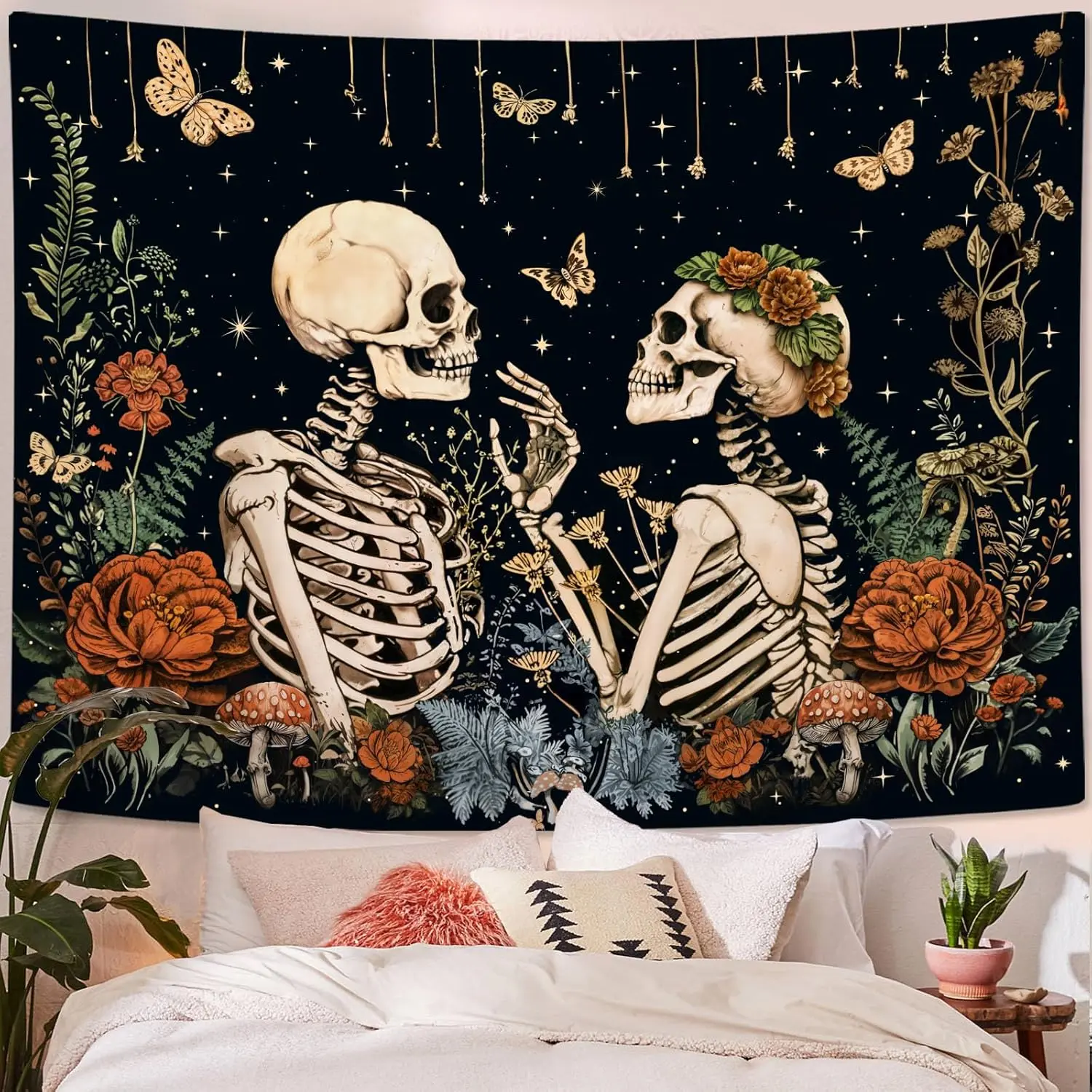 Floral Skeleton Lovers Tapestry Aesthetic Skull Gothic Tapestry for Bedroom The Lovers Tapestry Wall Hanging for Bedroom Living Room