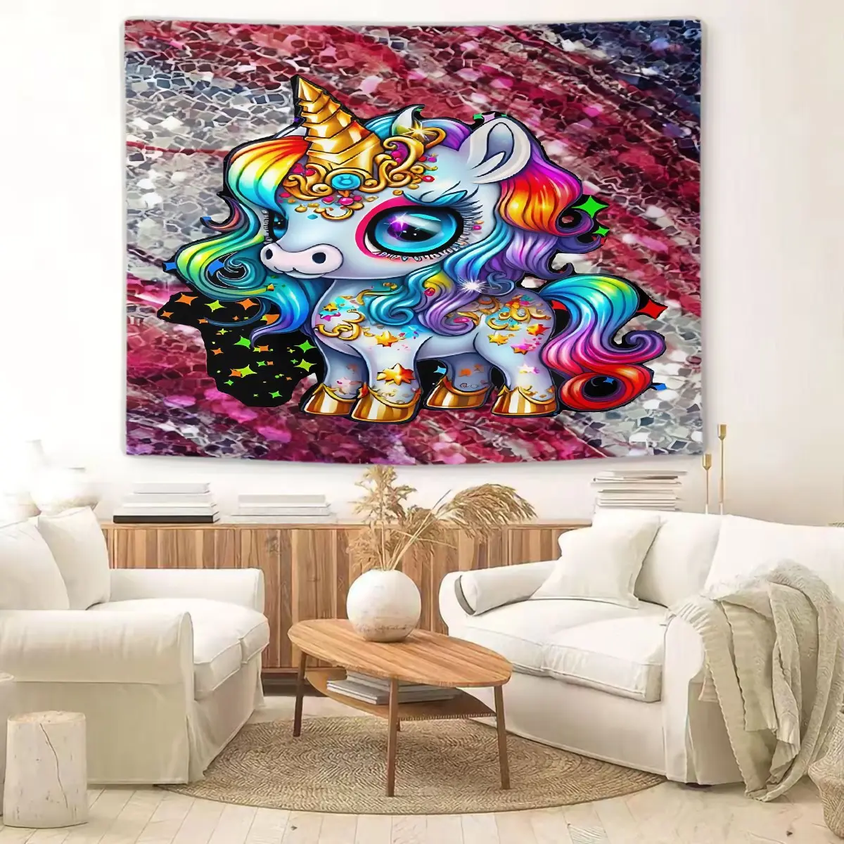 Cute Cartoon Unicorn Wall Tapestry, Vibrant Digital Print Tapestry for Bedroom, Magical Unicorn Wall Hanging Decor, Colorful Rainbow Design with Golden Details, Ideal for Kids' Room, Living Space, and Aesthetic Home Decor