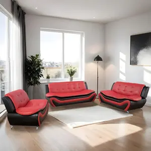 Faux Leather Sofa Set for Living Room, 3 Piece Living Room Furnituer, Modern Couch Set with 3-Seater Couch, Loveseat and Armchair (Red&Black, Chair+Sofa+Loveseat)