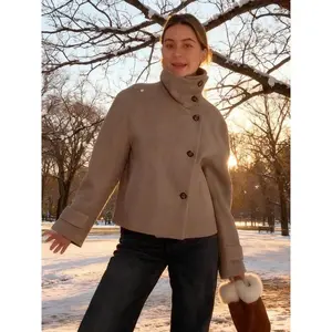 Women's Autumn Winter Stand Collar Wool Blend Jacket, Pure Color Fashion Outerwear, Asymmetrical Button Closure, Casual Lapel Sleeve Coat