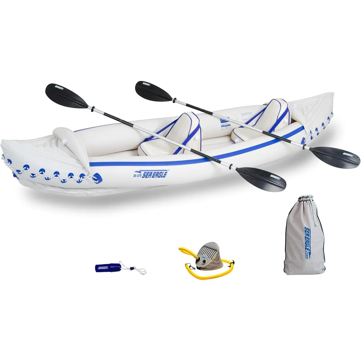 Sea Eagle 370 Pro 3 Person Inflatable Sport Kayak with Pro Package Includes Paddles, Deluxe Seats, Pump, and Carry Bag | Heavy-duty 3-person portable sport kayak rated up to Class III whitewater. Complete with oars, pump, and deluxe seats.