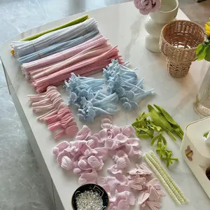 Pipe cleaner craft flower kit, including various bouquets, assorted color pipe cleaners in bulk, with stems, tape, pistils, and ribbons (pink and blue), Faux Flowers, Artificial Flowers