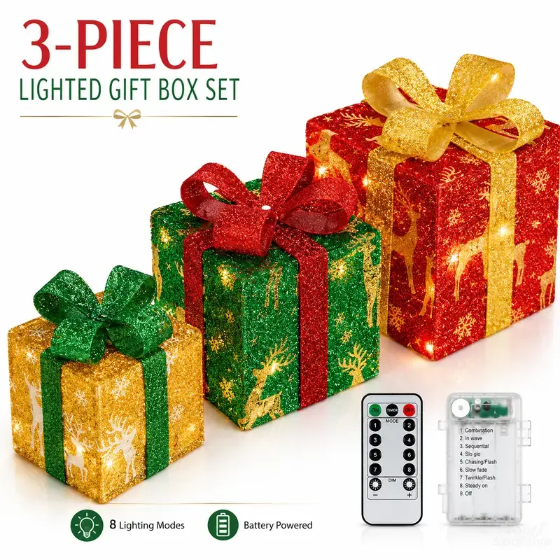 New 2026 Model 3pc Christmas Light Gift Box - Remote Control, 8 Modes, Warm Glow Lights, Festive Ribbon Decor, DIY Assembly Crafts, AA Battery-Powered (Batteries Not Included) for Indoor & Outdoor Home Festive Decor, Three Piece Sets