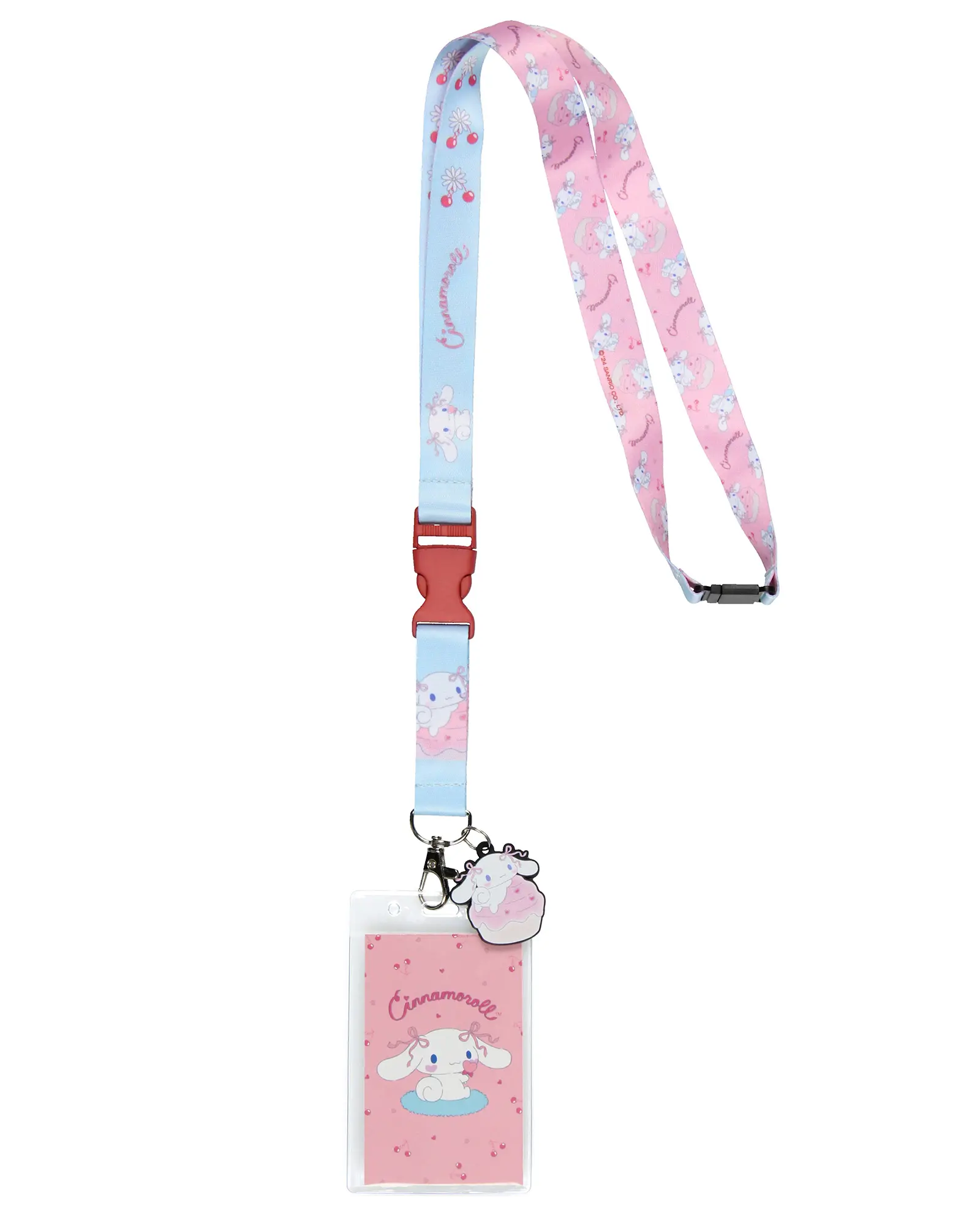 Sanrio Hello Kitty & Friemds Cinnamoroll Reversible ID Lanyard Badge Holder with Cherry Design Card and 2" Rubber Cinnamoroll Pendant