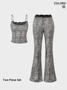 Two-Piece Set Women's Leopard Print Crop Tank Top & Flare Leg Pants, Sexy Fashion Casual Top & Bell Bottom Trousers for Daily Outdoor Wear, Women's Clothing for Spring & Fall, Stretchy Outfit Sets, Suits