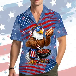 BBQ Hawaiian Shirt for Men Women, American Flag BBQ Aloha Shirt, 4th of July Button Up Shirt Short Sleeve