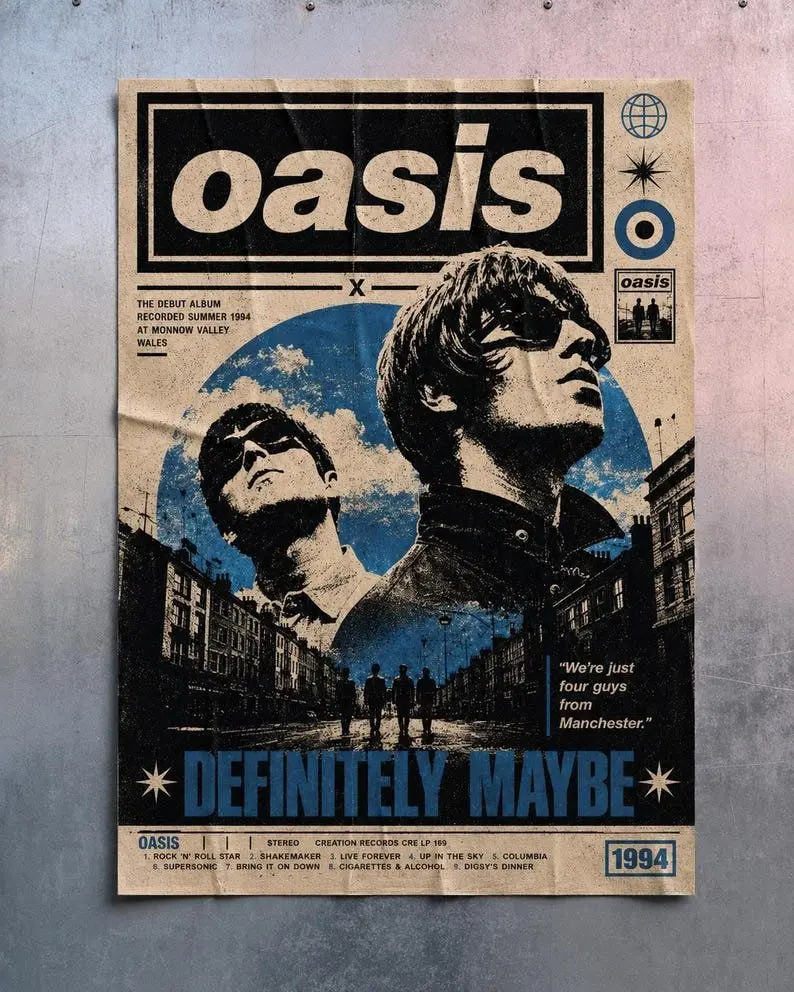 Oasis Definitely Maybe Poster – 90s Britpop Rock Music Print - [No Frame]