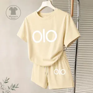Women’s Casual Letter Print 2 Piece Shorts Set, Short Sleeve Crew Neck T Shirt and Drawstring Shorts Matching Outfit, Soft Lightweight Lounge Set, Summer Everyday Activewear for Travel, Workout and Daily Wear