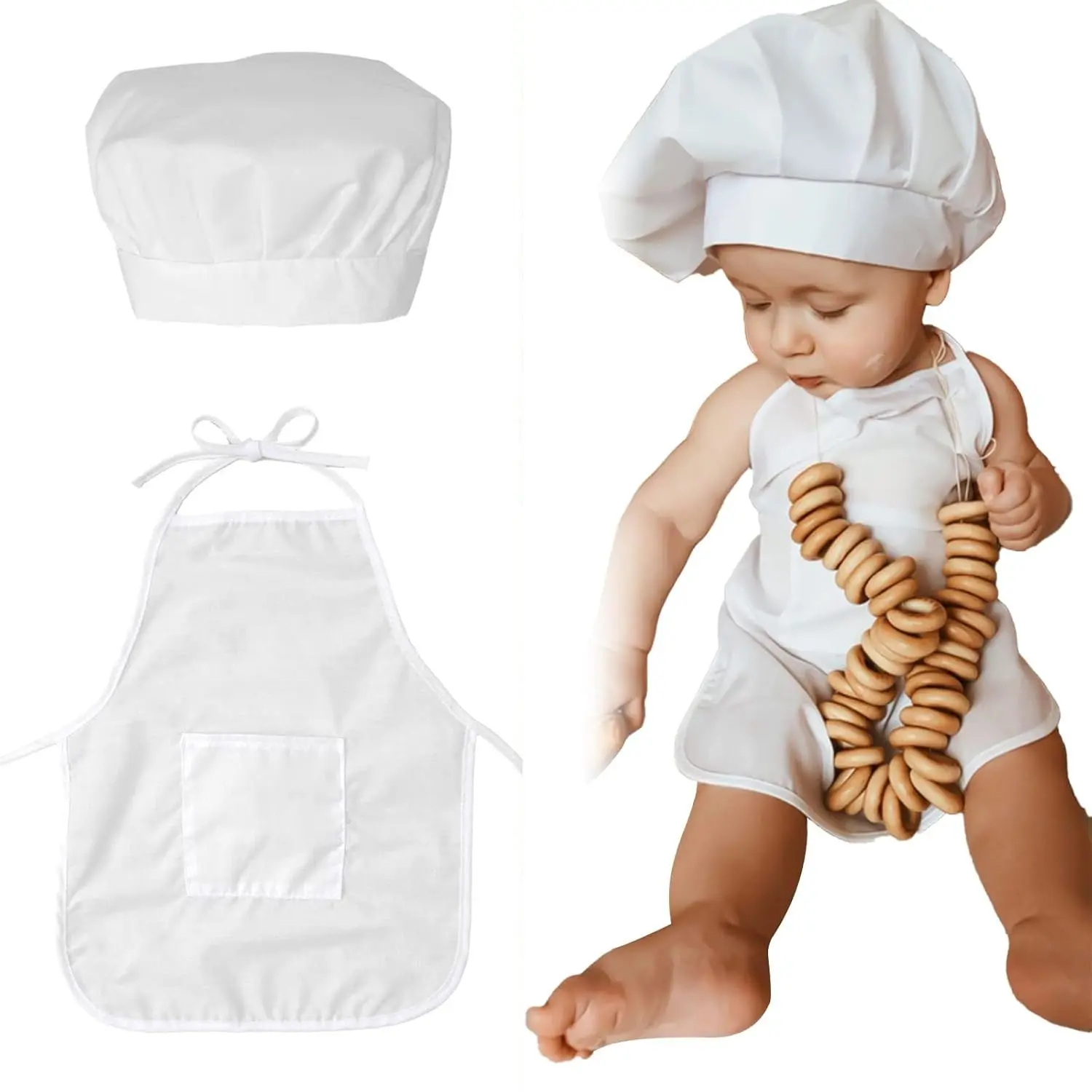 2-Piece Baby Chef Costume Set, Baby Christmas Costumes Newborn Photography Prop with Adjustable Chef Hat & Apron, White, Baby Dress Up, Costume Outfit