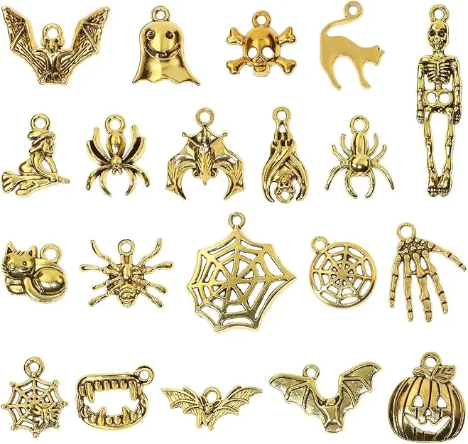 Halloween Motifs Unisex Bulk Charms (20Pcs), Spooky Mix Multiple Shapes Skull-Bone-Skeleton Hand-Pumpkin-Ghost-Bat-Witch-Cat-Spider Pendants for DIY Charm Bracelets, Earrings, Necklaces Jewelry Making Crafts