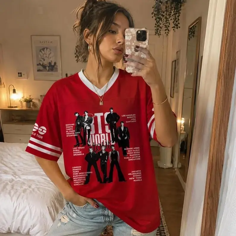 Kpop Music Tour Football Jersey, 2026 Comeback Fan Shirt, Arirang Concert Outfit, Korean Streetwear V-Neck Top