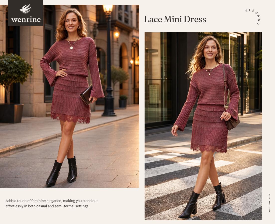 Wenrine Women's Pullover Crew Neck Long Sleeve Knitted Ribbed A-Line Midi Dress - Elastane Viscose Blend, Lace Hem, Bodycon-Friendly Casual Wear for Fall Winter Holiday Gathering, Do Not Dry Clean