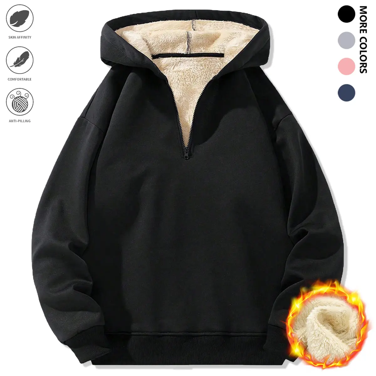 Men's Thick Fleece Lined Hooded Sweatshirt - Heavyweight Winter Warmth Tops, Casual Plain Pullover, Round Neck Long Sleeve, Relaxed Fit, Mensfashion, Ideal for Casual Wear & Outdoor Activities